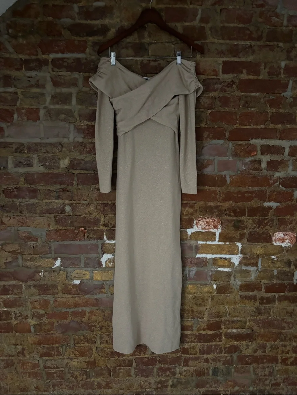 Off-Shoulder Long Sleeve Maxi Dress in Taupe Gold